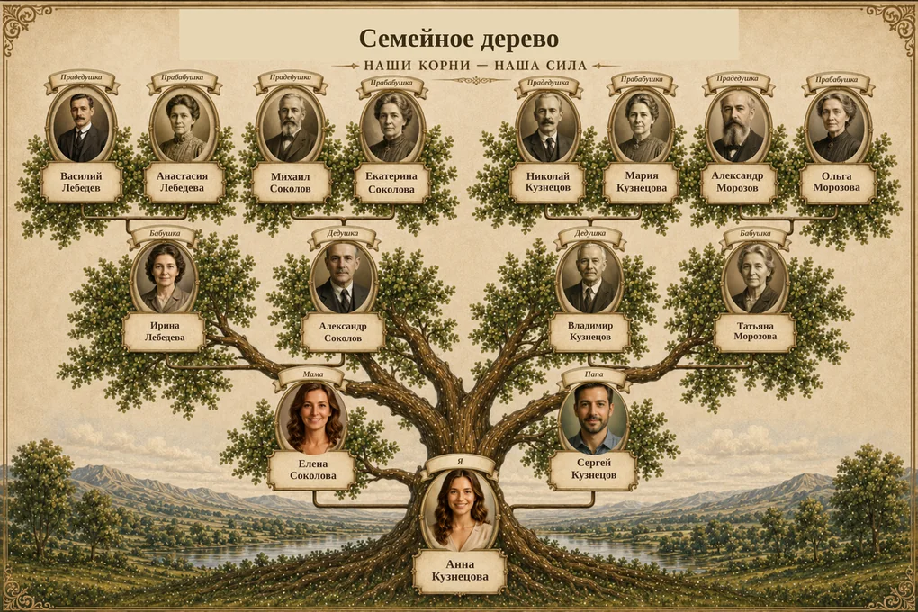 Пример «Семейное дерево — расширенное»: реальный результат конструктора с тестовыми данными