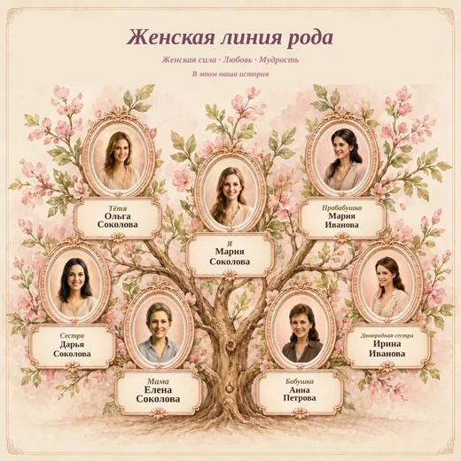 Пример «Женская линия рода»: реальный результат конструктора с тестовыми данными
